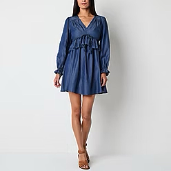 Frye & Co Women’s Denim Chambray Ruffles Long Sleeve Mini Dress Size L - Picture 1 of 8
